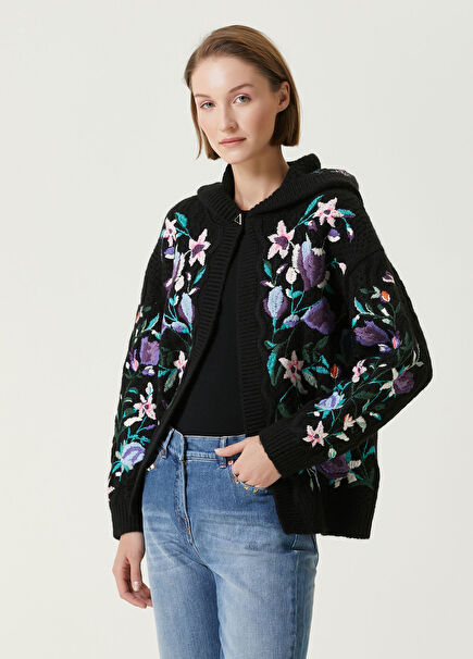 Black Hooded Floral Embroidered Jacket