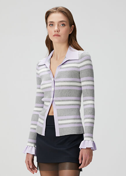 Gri Lila Çizgili Hırka