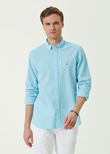 Slim Fit Turkuaz Pötikareli Gofreli Gömlek