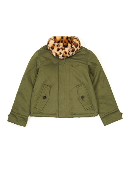 Haki Yakası Leopar Desenli Kız Çocuk Parka