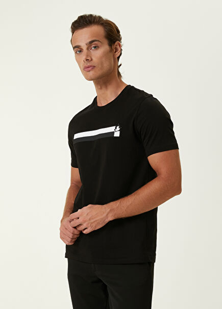 Siyah Enjeksiyon Şerit Baskılı Logolu T-shirt