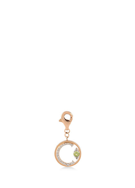 Mini “Ç” Harfli Charm Pırlanta Yeşil Peridot Taşlı 14 Ayar Pembe Altın