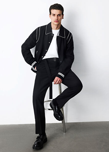 Siyah Keten Bomber Mont