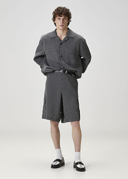 Antrasit Çizgi Desenli Kargo Bermuda