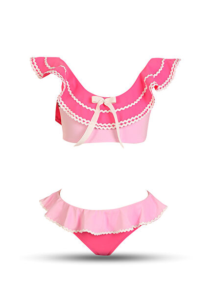 Pink Ruffled Water Stone Bow Detailed Boat Neck Girls' Bikini Set
