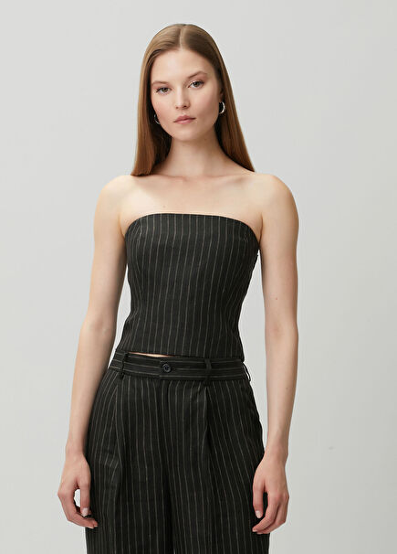 Black Strapless Striped Linen Blouse