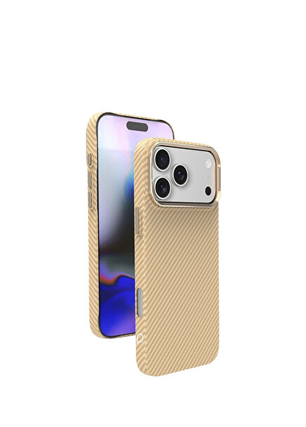 Kevlar Serisi iPhone 17 Pro Max Magsafe Uyumlu Gold  Karbon Telefon Kılıfı
