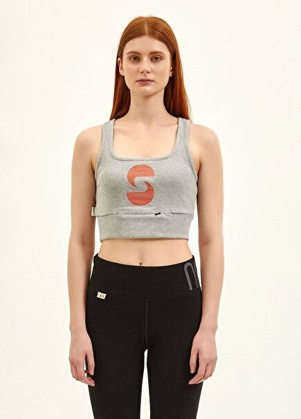 Açık Yaka Gri Krom Aktif Crop Top