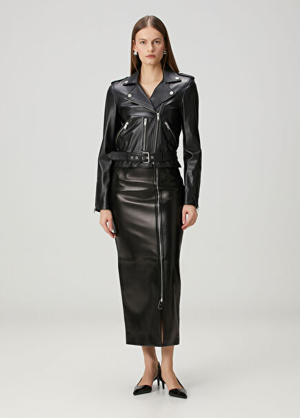 Grease Black Midi Leather Skirt
