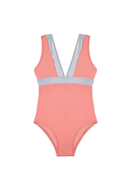 Lucia Gri Gümüş Parlak Kumaş Detaylı Pembe Kız Çocuk Mayo