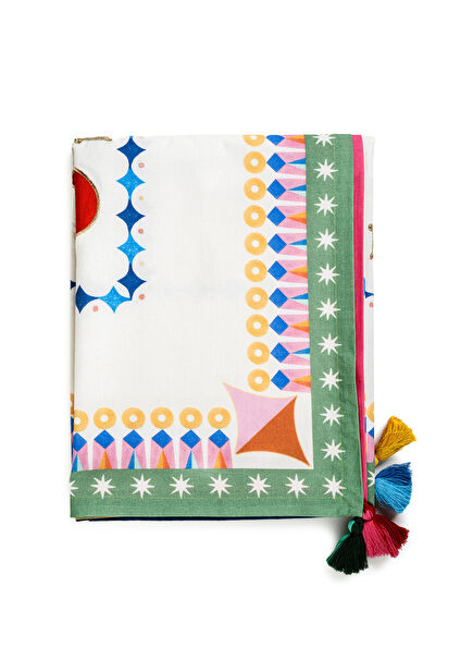 Nilüfer Dijital Baskılı Ekru Püsküllü Nakışlı Pamuk Masa Örtüsü 160 x 240 cm