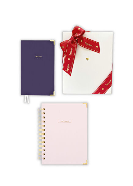 Spiralli Pembe Çizgili Defter ve Mor Ciltli Ajanda Hediye Seti