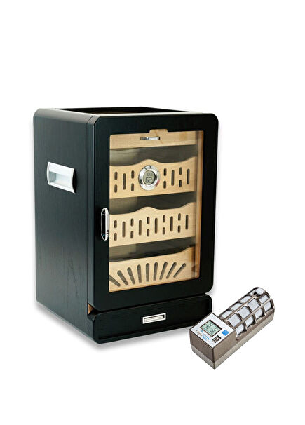 Cigarspa Black Glass 4 Drawer Humidor Cigar Box with Electronic Humidifier