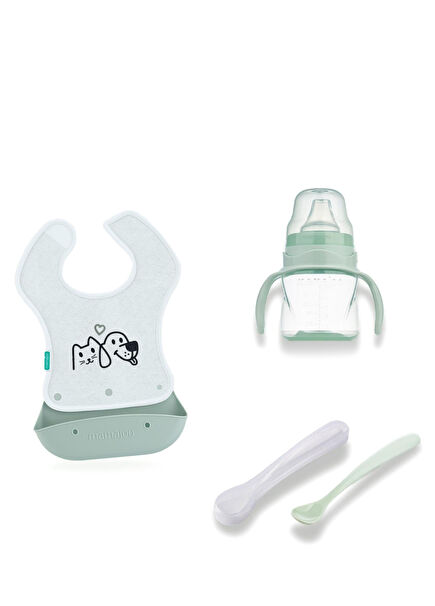 Powder Green Silicone Spoon & Training Cup and Bib Baby Feeding Set