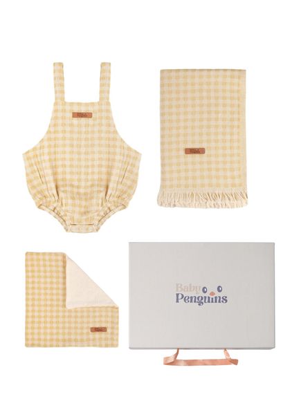 Yellow Plaid Cotton Jumpsuit + Blanket and Mouth Diaper Unisex Baby Set of 3