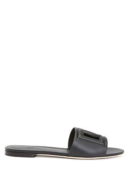 Black Logo Detailed Women's Leather Slippers