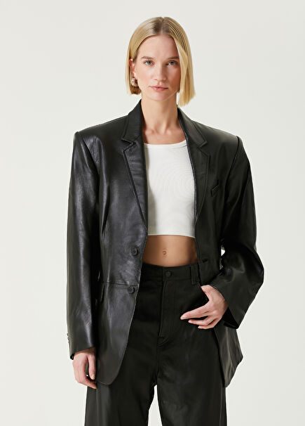 Oversize Siyah Kruvaze Deri Blazer
