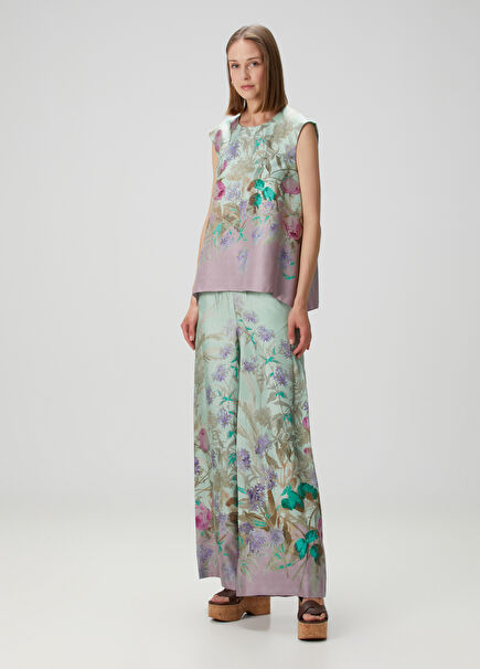 Multi-Colored Floral Print Silk Pants