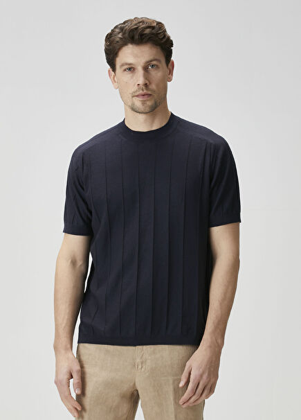 Mavi Çizgi Dokulu İpek T-shirt