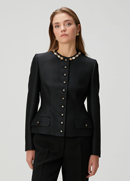Wool Jacket Embroidered With Black Stones