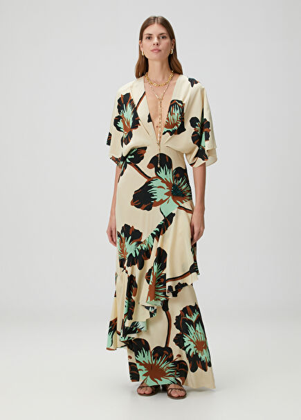 Çok Renkli Yeşil Çiçek Desenli Maksi İpek Elbise