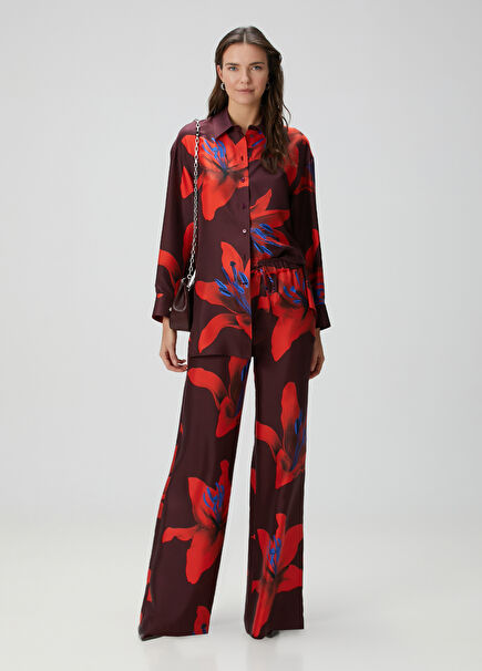Burgundy Floral Silk Trousers