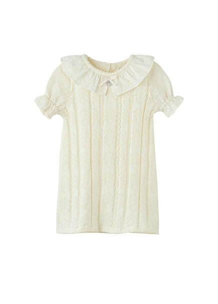 Brode Yakalı Organik Ekru Kız Çocuk Elbise