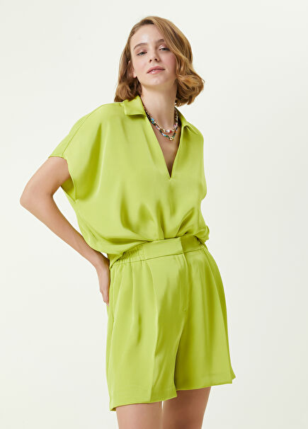 Neon Yeşil Polo Yaka Saten Bluz