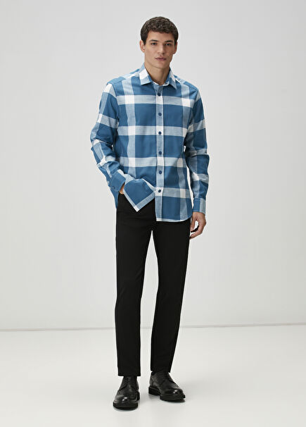 Comfort Fit Indigo Büyük Ekose Desenli Gömlek