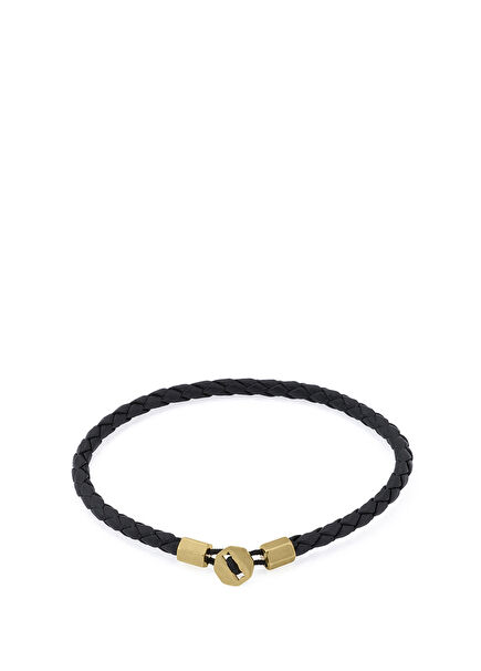 Siyah Deri Altın Kaplama Çelik Erkek Bileklik