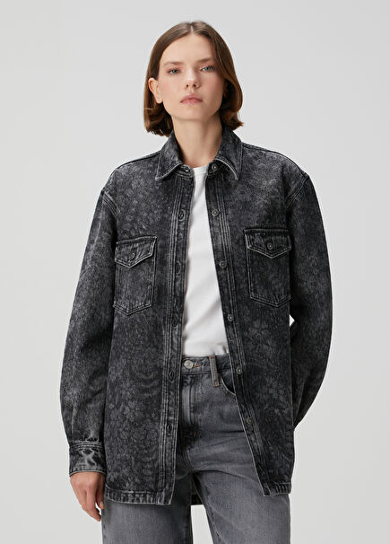 Antrasit Çiçekli Denim Gömlek