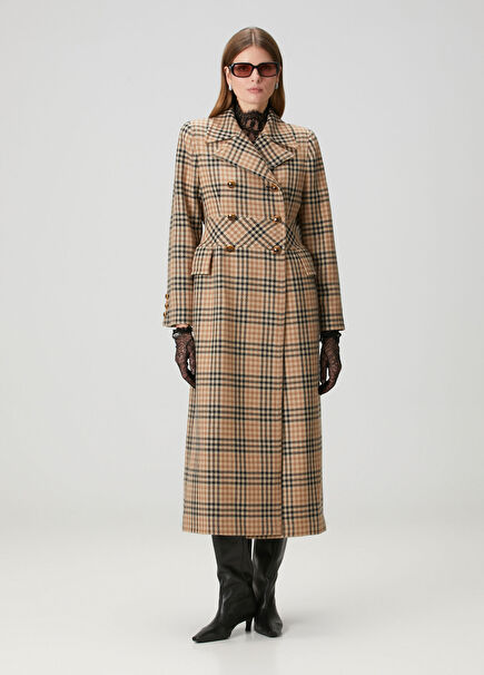 Bej Desenli Yün Palto