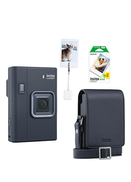 Instax Mini Liplay Plus Midnight Blue Fotoğraf Makinesi 20'li Film + Kıskaç ve Deri Çanta Hediye Seti