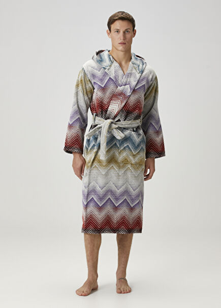 Marea Kapüşonlu Zikzak Desenli Bornoz