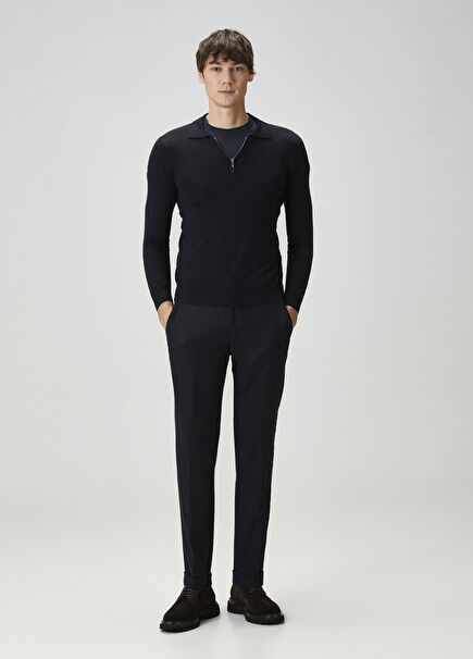 Navy Blue Waist Corded Wool Trousers