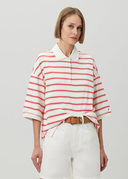 Oversized Kırmızı Çizgili Polo T-shirt