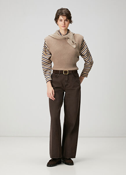 Kahverengi Wide Leg Jean Pantolon