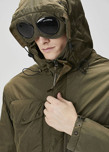 Koyu Haki Kapüşonu Gözlük Detaylı Mont