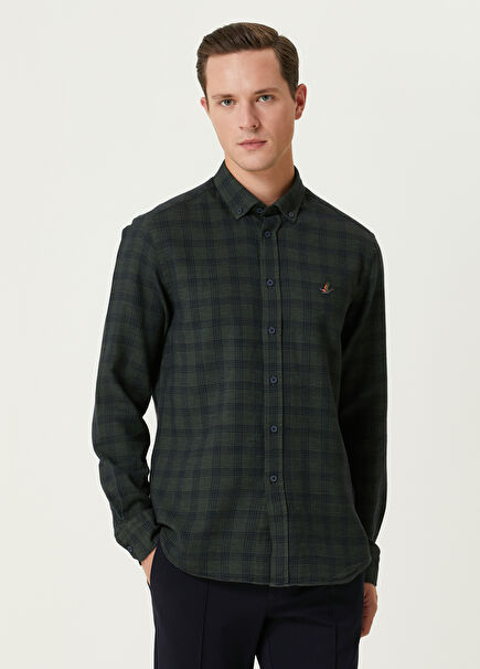 Comfort Fit Navy Blue Honeycomb Plaid Shirt