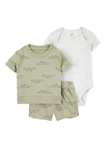 Yeşil Kısa Kollu T-Shirt Body ve Şort Erkek Bebek 3'lü Set 