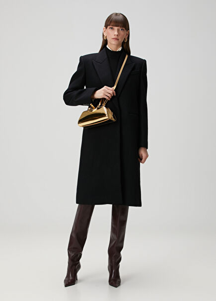 Siyah Kruvaze Yün Palto