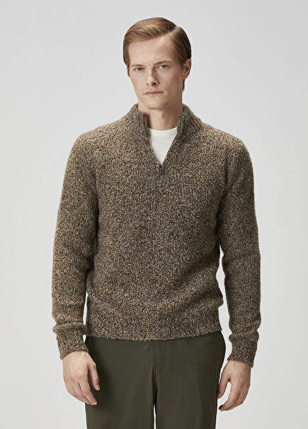 Koyu Yeşil Yakası Fermuarlı Yün Kazak