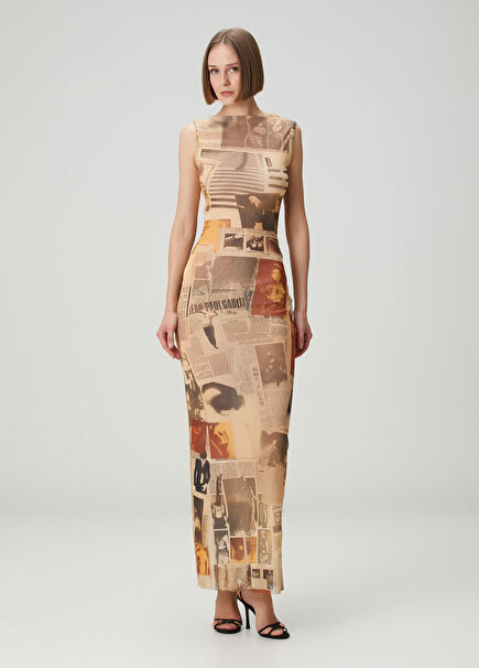 Beige Printed Maxi Mesh Dress