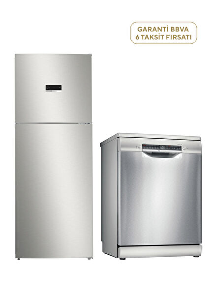 KDN55XIE0N Serie 4 Inox Üstten Donduruculu NoFrost Buzdolabı 453 Lt  + SMS4IKI62T Serie 4 Inox 6 Programlı Wi-Fi Bulaşık Makinesi 