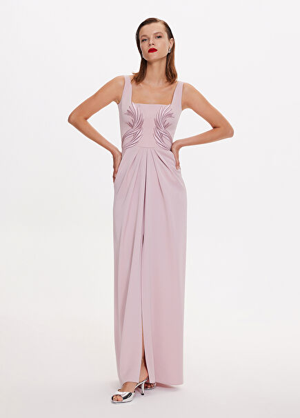 Pink Square Neckline Embroidery Detailed Women's Evening Dress