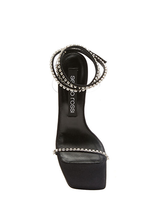 Siyah Taşlı Topuklu Deri Sandalet - Görsel 5