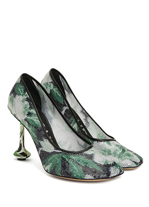Yeşil Beyaz İşlemeli Topuklu Ayakkabı - Görsel 3