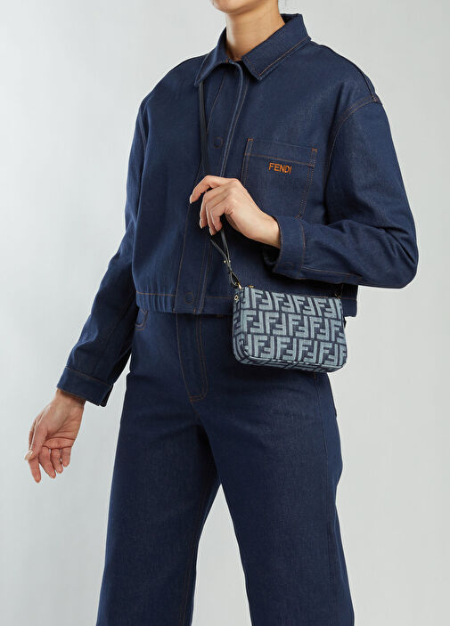 Fendi Mavi Kadın Baguette Mavi Logo Jakarlı Kadın Denim Çanta