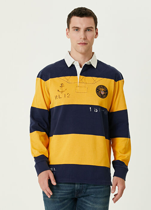 Polo Ralph Lauren Navy Blue Yellow Line Patterned Polo Sweatshirt