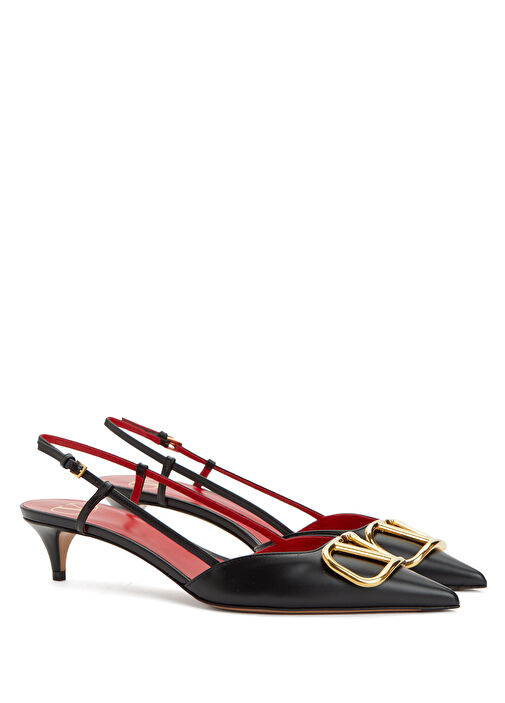 VLogo Siyah Deri Topuklu Ayakkabı - Görsel 3